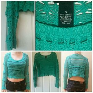 Bright teal crochet cropped sweater