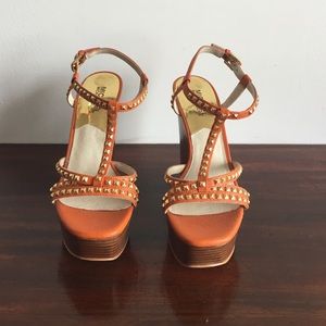 Never worn! Michael Kors 5" Orange Studded Wedges