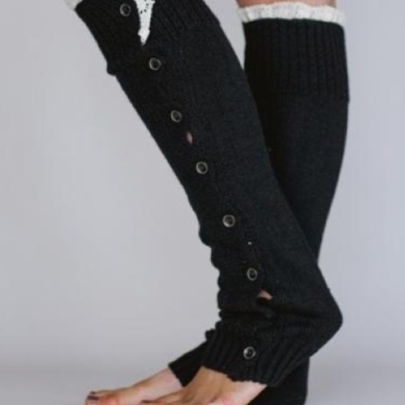 NWT Cozy Black Knit Lace Trim Button Leg Warmers - Picture 2 of 4