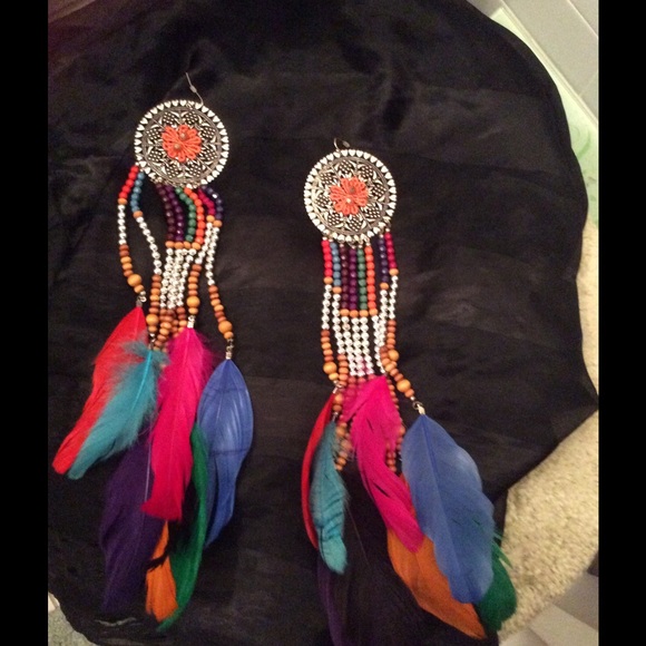 Long beaded feather earrings