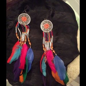 Long beaded feather earrings