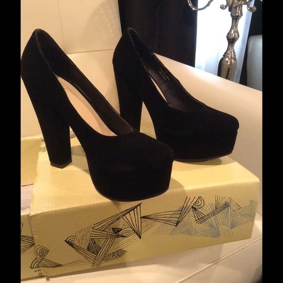 Black suede platform heels