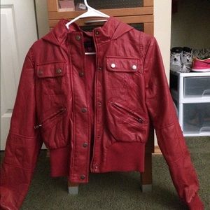 Red hooded leather jacket for sale!!