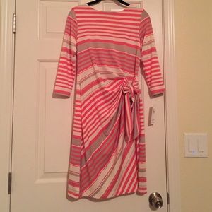 NWT-tan & coral striped dress. 3/4 sleeves and bow
