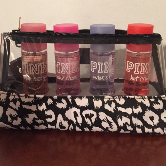 4 PINK perfumes + makeup bag