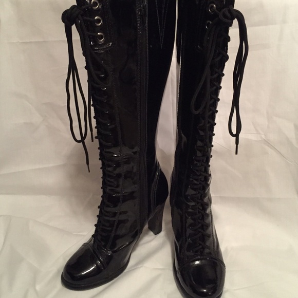 Lace Knee high black shiny leather like boots
