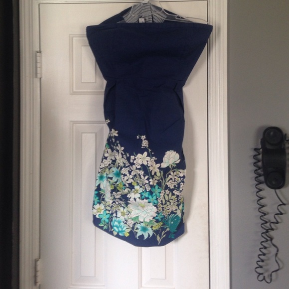 Navy and flower strapless dress