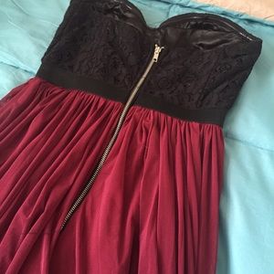 Long strapless dress.