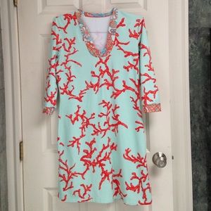 Blue with coral print 3/4 sleeve dress