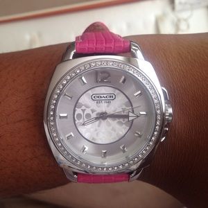 Coach watch silver and pink leather band
