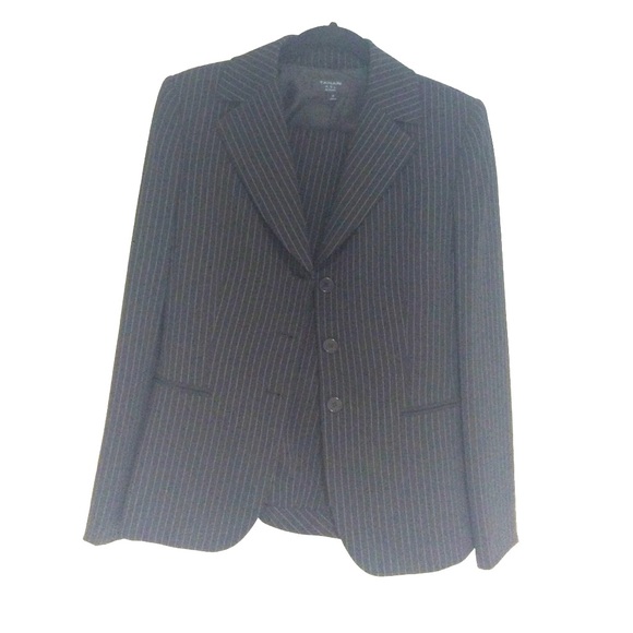 Black 3 button pin stripped suit. Jacket and pants