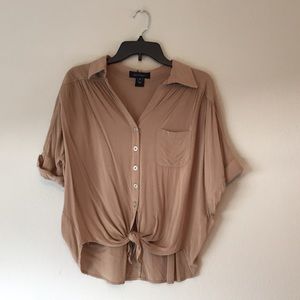 Khaki Tie Front Button Up Blouse