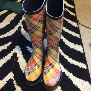 Plaid rainbow rain boots
