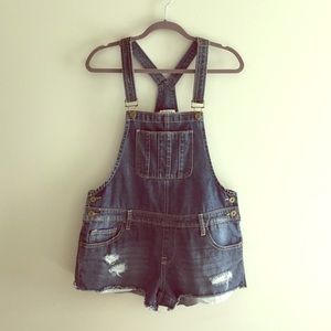 Dark Wash Distressed Denim Short Overalls
