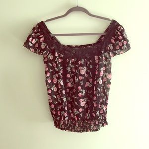 Sheer Black Rose Lace Embroidered Top