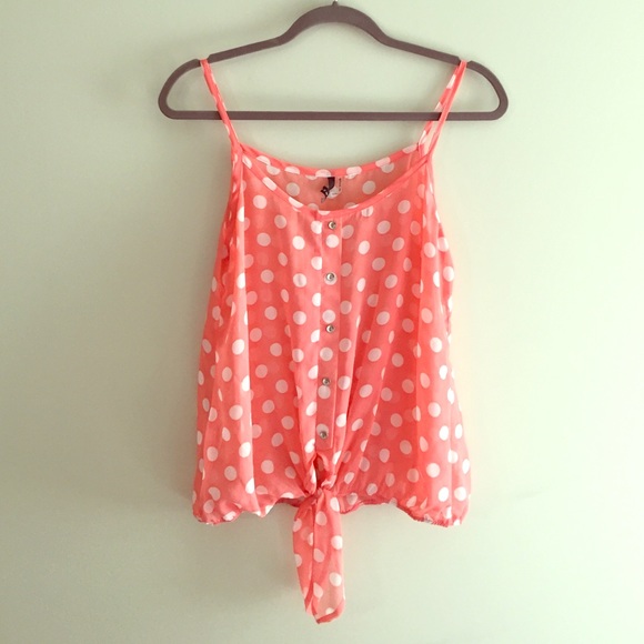 B Jewel Tops - Sheer Salmon White Polka Dot Sleeveless Top
