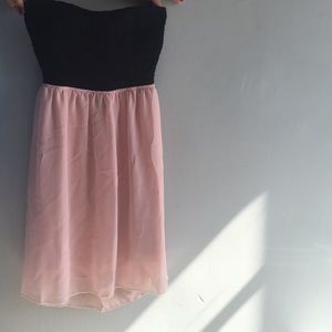 Strapless Black crochet top with pink dress.