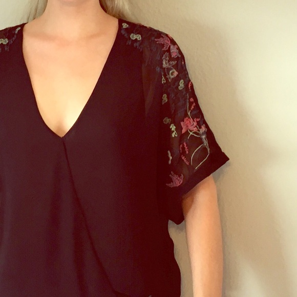 Black Zara Blouse With Embroidered Sleeve