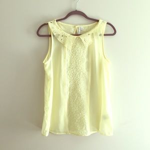 Sheer Sleeveless Yellow Floral Lace Collared Top
