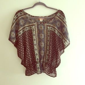 Sheer Paisley Open Sleeve Cinched Waist Top