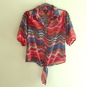 Sheer Open Shoulder Button Down Tied Top