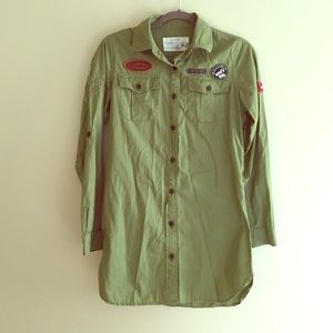 Army Green Long Button Down Patch Embroidered Top