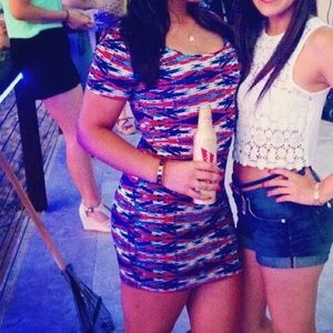 Body con dress, blue, white and red.