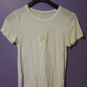 J Crew white tee with sequin deer.