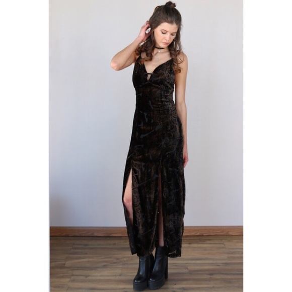 Black Plunge Maxi Velvet Double Slit Mesh Dress