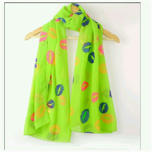 Neon green chiffon like scarf with colorful lips