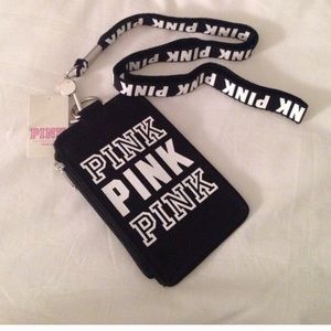 Pink black Victoria's Secret Id holder lanyard