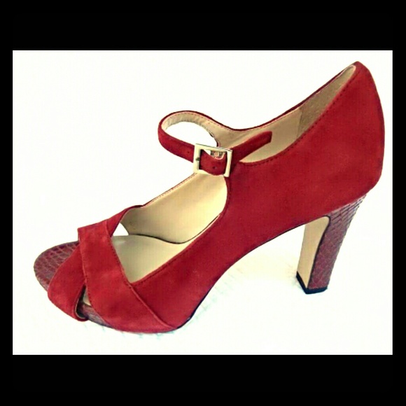 Franco Sarto Shoes - Red Faux Suede & Snakeskin Red Ankle Strap Heels