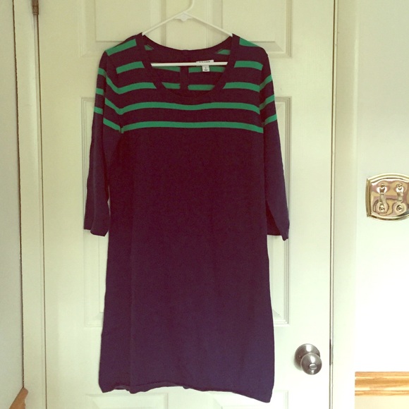 Navy sweater dress with emerald green stripes