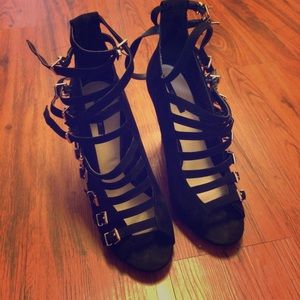 Black strappy wedge sandals