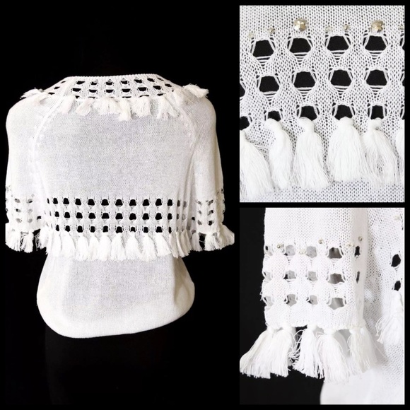 White Fringe Beaded Sweater Medium Large - Picture 2 of 4