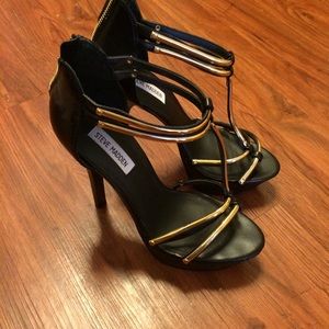 Steve Madden, black and gold strappy pumps