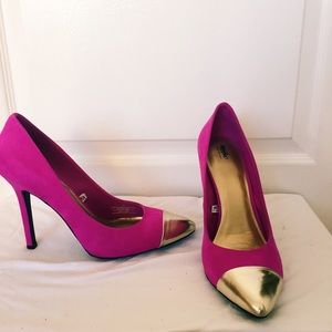 Hot pink suede heels with gold toe