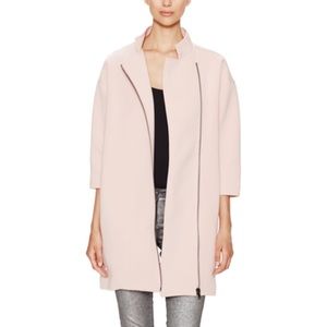 Blush colored neoprene long cocoon coat