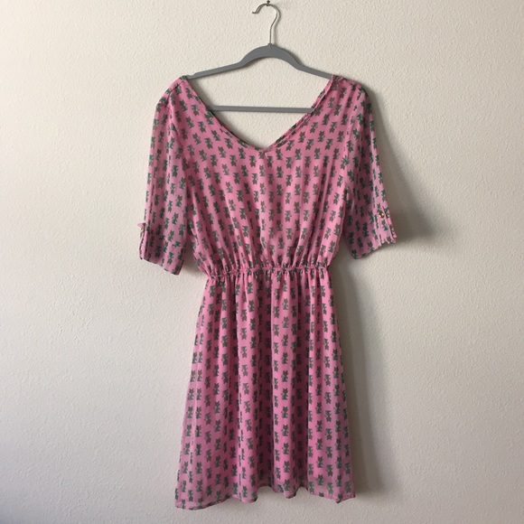 Peaches & Cream pink dress with green kitty cats - Picture 1 of 4