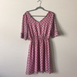 Peaches & Cream pink dress with green kitty cats