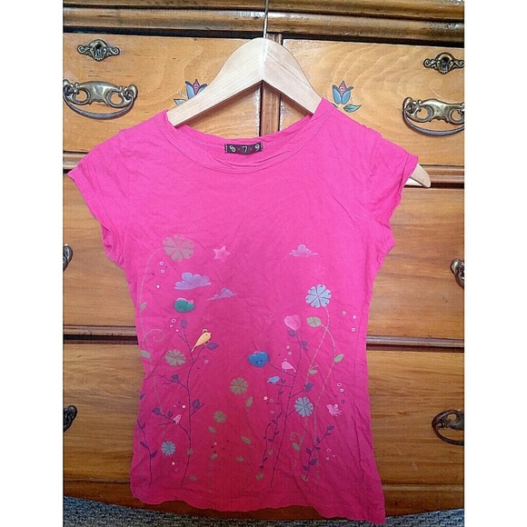 Hot Pink T-Shirt with birds and heart buttons - Picture 1 of 1