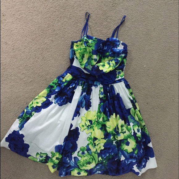 Blue and green floral knee-high dress.