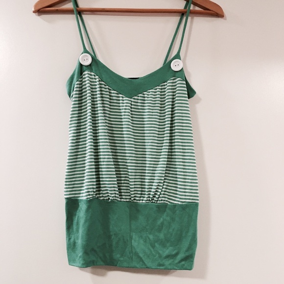 90s Vintage Green and White Striped Tank with Button Detail