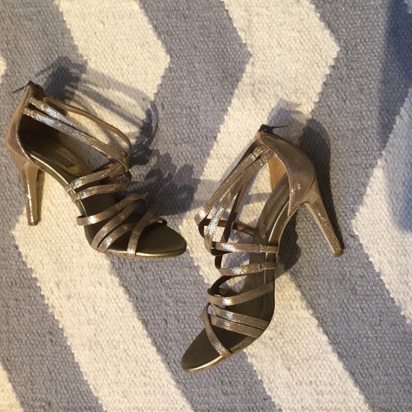 Gold strappy zipper back high heel sandals