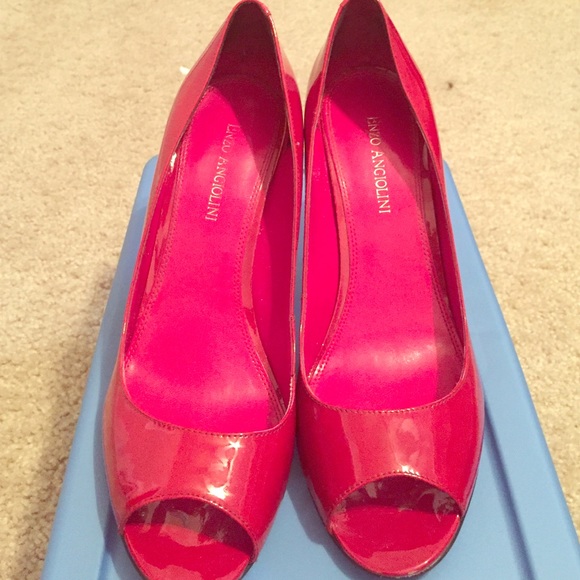 Patten leather open toe red pump