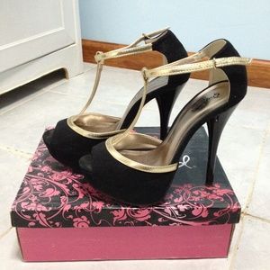 Black and Gold T strap stiletto heels