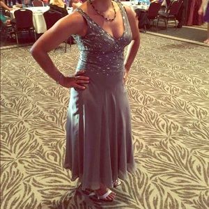 gray beaded and chiffon semi formal evening dress