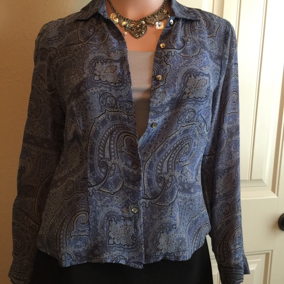 Ann Taylor Petite Silk Blue Paisley Blouse