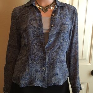 Ann Taylor Petite Silk Blue Paisley Blouse
