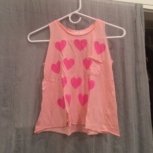 light pink tee with neon pink hearts
